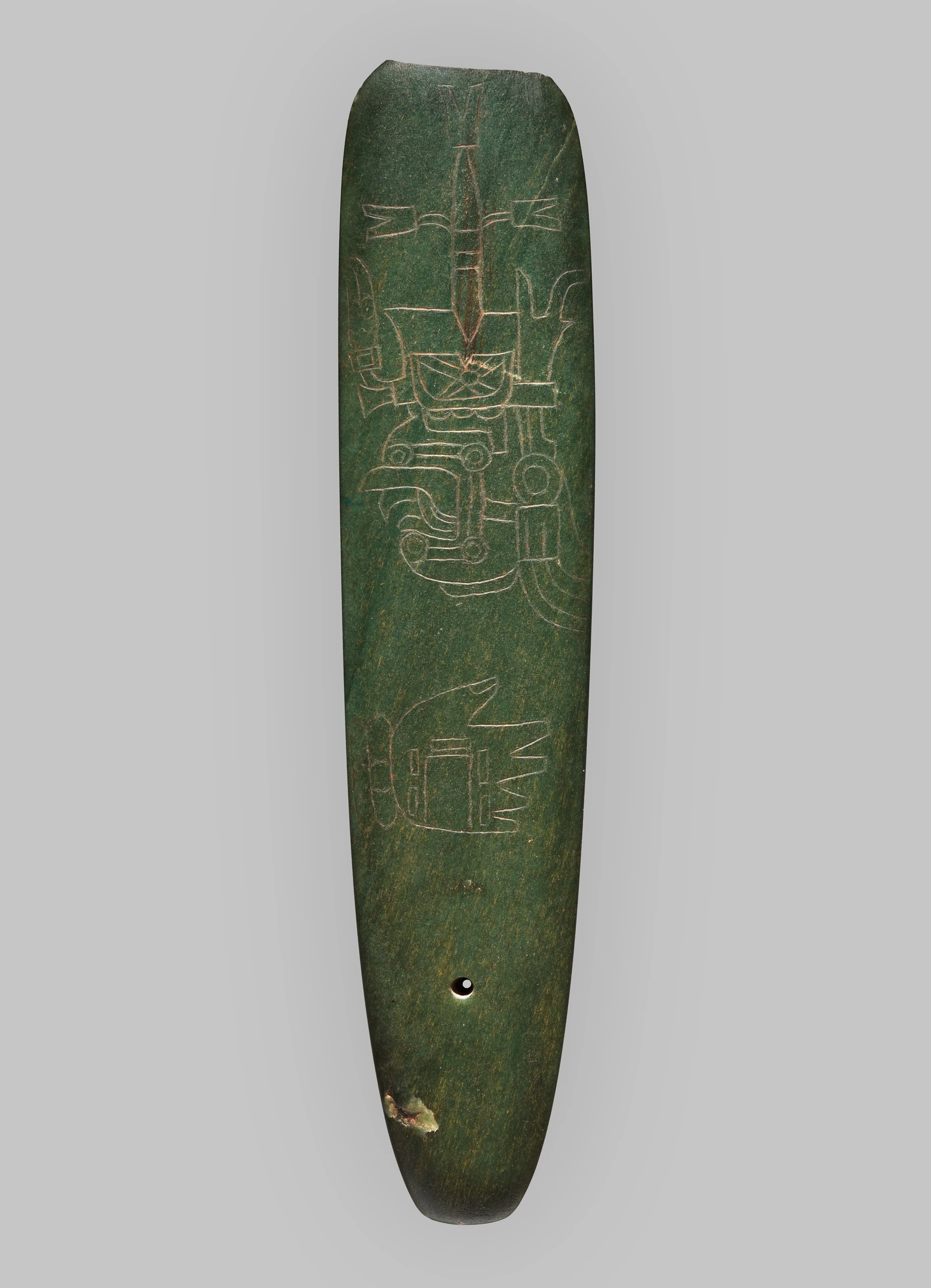 Modified celt-pendant with incised motifs, Jadeite