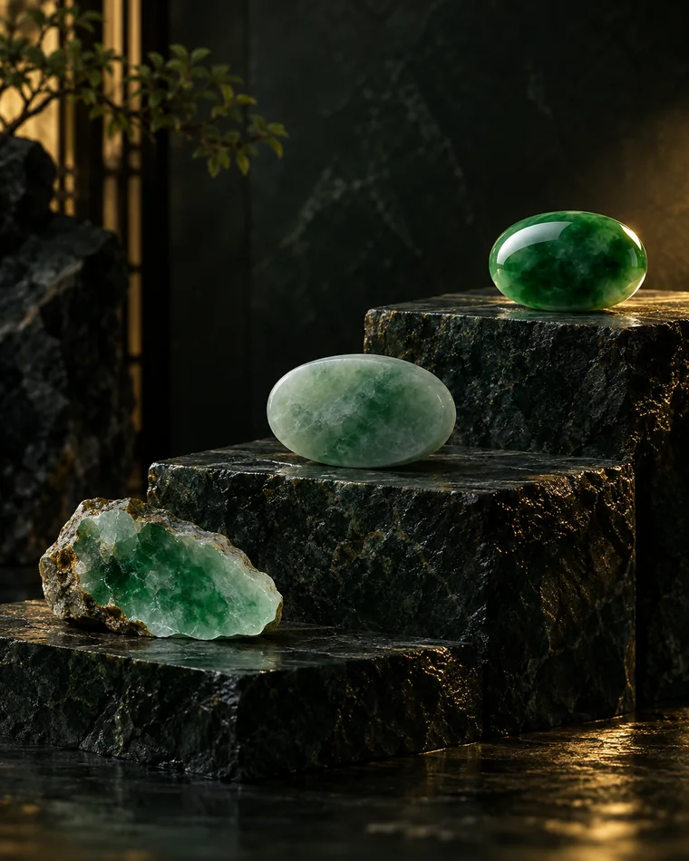 Jadeite material progressing toward a refined finished form