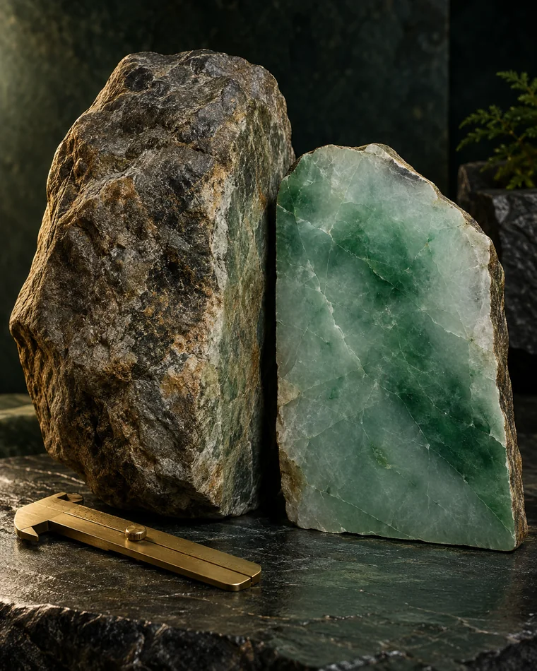 Jadeite rough stone under close material observation